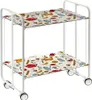 A two-tiered serving cart with a white metal frame and patterned trays. Voir les images du produit