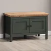 A dark green storage bench with a wooden top sits on a light wood floor against a light gray wall. Anteprima dell’immagine prodotto