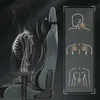 A gaming chair with a skeletal overlay showing spinal alignment and diagrams illustrating pressure points on the neck and back. Produktbild-Vorschau