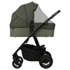 A side view of a green baby stroller with a mosquito net over the bassinet. Produktbild-Vorschau