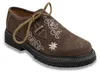Traditionelle bayerische Schuhe aus braunem Rindsleder. Diese handgefertigten Haferlschuhe mit seitlicher Schnürung und Blockabsatz haben einen kurzen Schaft und sind aus Veloursleder – klassisches German Wear Design. Produktbild-Vorschau