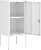 A white metal cabinet with an open door and two shelves, shown on a white background. Voir les images du produit