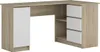 A corner computer desk with a wood-grain finish and white drawer fronts and cabinet door. Náhľad obrázku produktu