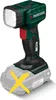 A cordless LED work light is shown with a battery pack that has a yellow 'X' over it, indicating it is not included. Produktbild-Vorschau