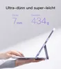 A person is holding a tablet with a keyboard case attached, showcasing its thinness and lightness. Produktbild-Vorschau