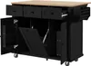 A black kitchen island with a wooden countertop, drawers, and open cabinets. Náhled obrázku produktu