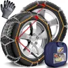 A pair of snow chains on car tires, along with a pair of gloves and a storage bag. Produktbild-Vorschau