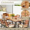 An outdoor dining set with a wooden table and chairs, featuring details about the umbrella hole. Produktbild-Vorschau