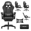 A collage of images showing a black gaming chair from different angles, along with its accessories. Produktbild-Vorschau