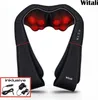 A black neck and shoulder massager with red heating elements, shown against a white background. Accessories are shown in a small inset box. Produktbild-Vorschau
