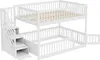 A white wooden bunk bed with stairs and storage drawers. Voir les images du produit