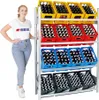 A woman stands next to a metal shelving unit filled with crates of bottled drinks. Produktbild-Vorschau