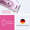 A close-up of a pink electric shaver with water running over it, and separate panels with text and icons. Náhled obrázku produktu