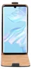 A smartphone in a brown flip case, with the screen displaying a blue and white abstract wallpaper. Produktbild-Vorschau