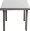 A square poly-rattan garden table with a glass top, shown from the front. Podgląd zdjęcia produktu