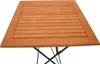 A close-up view of a wooden garden table with a black metal folding base. Produktbild-Vorschau