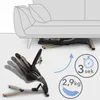 A baby bouncer is shown folded and stored under a sofa, and then in use with motion lines. There are also icons indicating weight and time. Produktbild-Vorschau