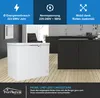 A white chest freezer is shown in a modern kitchen setting, with informational graphics at the top and a logo and text at the bottom. Produktbild-Vorschau