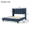 A blue upholstered bed frame with a tufted headboard, shown with dimensions indicated by measurement lines and numbers. Produktbild-Vorschau