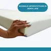A hand is pressing into a white foam mattress, demonstrating its support and flexibility. A blue overlay with German text is in the top right corner. Produktbild-Vorschau