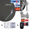 A collage of images showcasing a satellite dish, LNB, and a satellite receiver/splitter. Produktbild-Vorschau