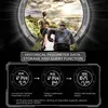 A split image showing a scenic view of two people running on a trail at the top, and three smartwatch interfaces displaying different functions at the bottom. Produktbild-Vorschau