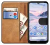 A book-style phone case with a Nokia phone inside, showing cards and banknotes in the case. Produktbild-Vorschau