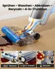 A wet dry vacuum cleaner is shown cleaning a floor with liquid. There are also three inset images showing different functions. Produktbild-Vorschau