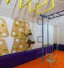 A child is climbing on a climbing wall in a gym with various equipment. Voir les images du produit
