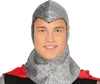 A man wearing a medieval warrior costume including a chainmail hood and a red cape. Produktbild-Vorschau