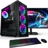 A gaming computer setup with a tower, monitor, keyboard, and mouse, all illuminated with RGB lighting. Produktbild-Vorschau