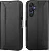 A black flip case for a smartphone is shown, with the phone inserted into the case on the right side of the image. Produktbild-Vorschau