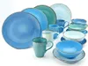 A collection of ceramic dishes and mugs in various shades of blue and teal, arranged on a white background. Produktbild-Vorschau