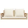 A beige poly rattan hanging bench with two white cushions, presented on a white background. Náhled obrázku produktu