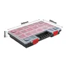 A product shot of a plastic organizer box with dimensions indicated. Produktbild-Vorschau