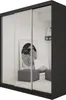 A modern, dark gray sliding door wardrobe with mirrored doors, reflecting a room with artwork and seating. Náhled obrázku produktu