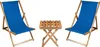 Two blue deck chairs and a wooden side table against a white background. Produktbild-Vorschau