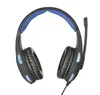 A pair of black and blue gaming headphones with blue LED accents, shown from a front-facing angle against a white background. Produktbild-Vorschau
