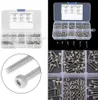 A collage of images showing a kit of screws and nuts in a plastic organizer box, with a close-up of a hex socket bolt. Anteprima dell’immagine prodotto