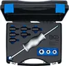 A tool kit for automotive repair, specifically a slide hammer set with thread adapters, laid out in its case. Voir les images du produit