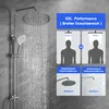 A shower system with a large overhead showerhead and a handheld showerhead, shown with diagrams comparing showerhead sizes and materials. Produktbild-Vorschau