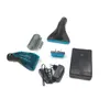 A collection of cleaning accessories, including a handheld vacuum attachment, a squeegee, a brush, a charger, and a battery pack, laid out on a white background. Produktbild-Vorschau