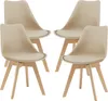 Four beige dining chairs with wooden legs arranged in a grid.