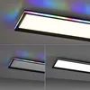 A collage of three images showing a rectangular LED ceiling light with RGB and CCT color-changing capabilities. The top image shows the light with RGB colors projected onto the ceiling. The bottom left image shows the light with RGB colors projected. The b Produktbild-Vorschau