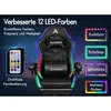 An advertising image of a black gaming chair with integrated LED lights, showcasing its features with text overlays and a remote control. Podgląd zdjęcia produktu
