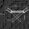A white electric heated clothes drying rack is shown against a dark, textured background. Dimensions are indicated with measurement lines and text. Produktbild-Vorschau