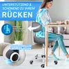 A woman is sitting at a desk, working on a laptop. The image highlights the ergonomic features of a chair, such as its back support and wheels. Produktbild-Vorschau