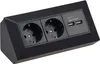 A black power strip with two electrical outlets and two USB ports. Produktbild-Vorschau