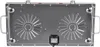 The underside of a stainless steel appliance, likely a cooktop, with two circular ventilation grilles and a central power connection. Anteprima dell’immagine prodotto