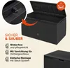 A black storage box with its lid open, shown from a slightly elevated angle. Text and icons highlighting features are on the left side of the image. A close-up of the lid's locking mechanism is in a circular inset at the top left. Another view of the box i Produktbild-Vorschau